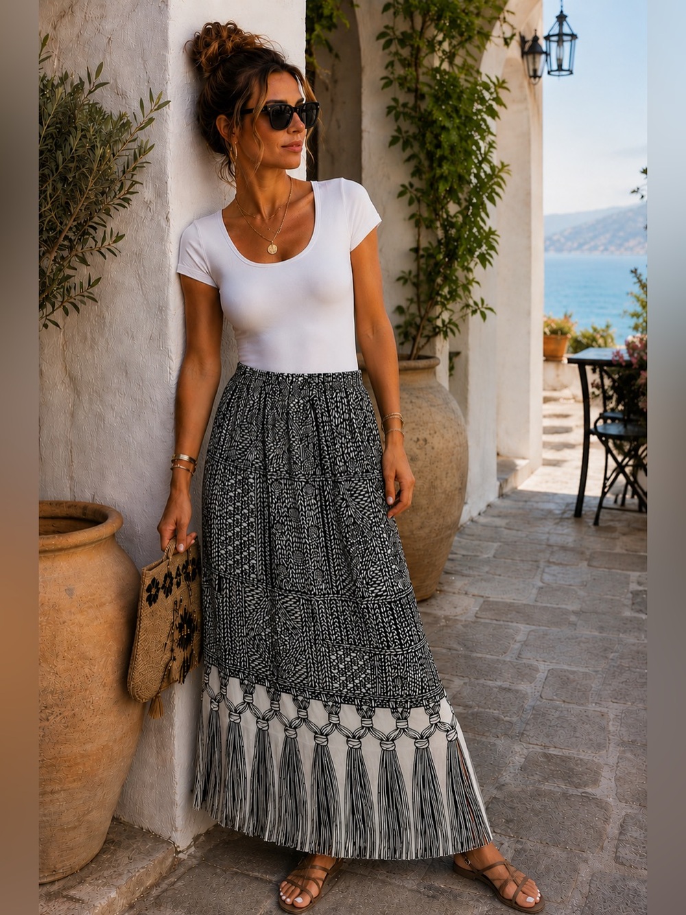 Black White Geometric Boho Maxi Skirt Size S Tassel Print Hem